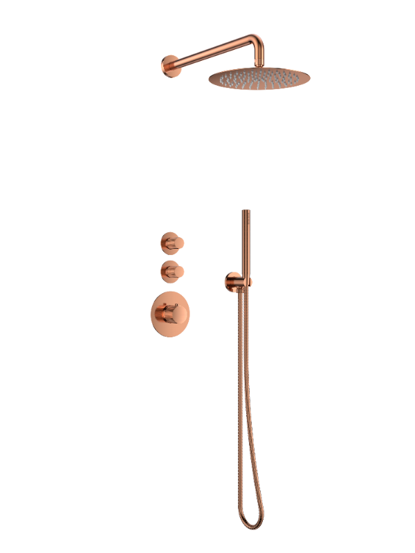 Doucheset inbouw deluxe met box thermostaat, muurbevestiging / douchekop 25 cm rond Brons met geribbeld knop