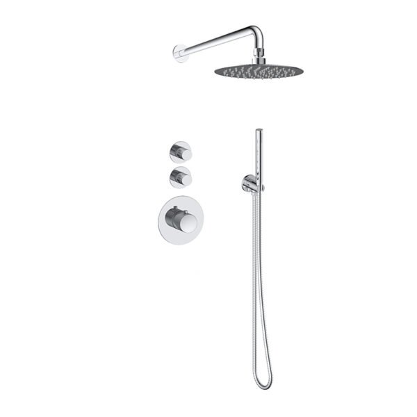 Doucheset inbouw deluxe met box thermostaat, muurbevestiging / douchekop 30 cm rond Chroom met geribbeld knop | Lapy