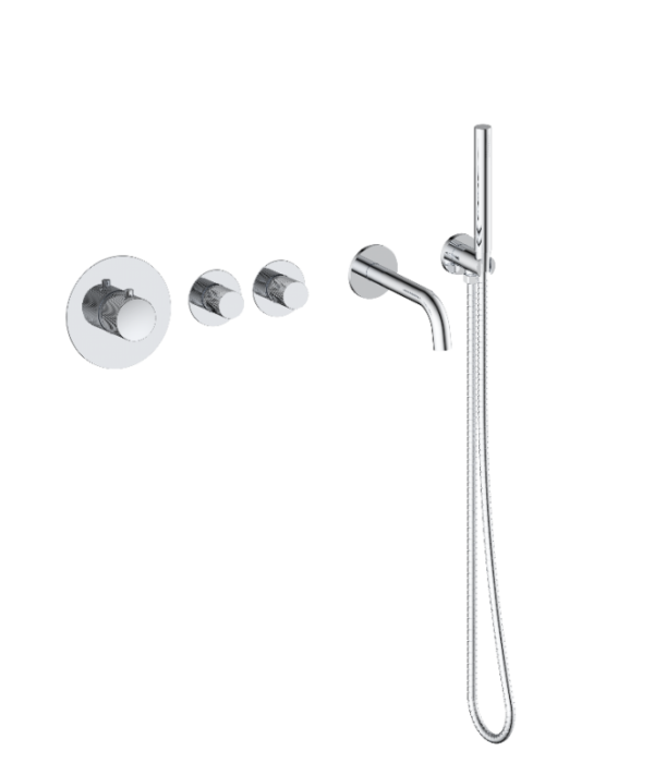 Badset inbouw deluxe met box thermostaat, muurbevestiging / doucheslang, staafhanddouche rond Chroom met geribbeld knop