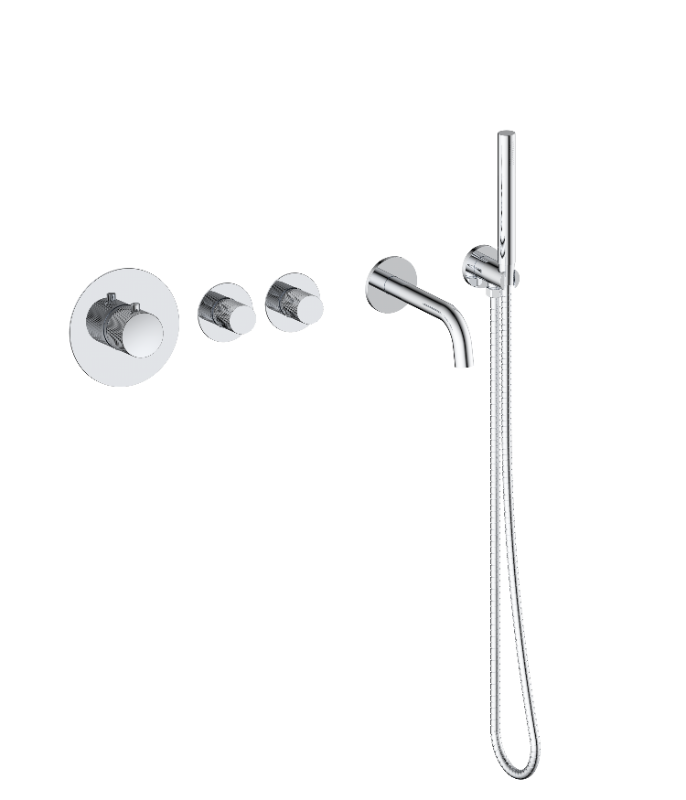 Badset inbouw deluxe met box thermostaat, muurbevestiging / doucheslang, staafhanddouche rond Chroom met geribbeld knop