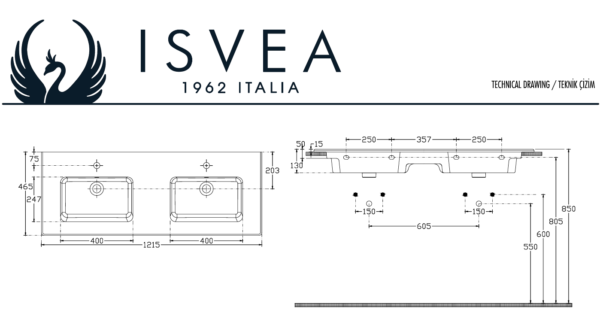 ISVEA 121 cm SISTEMA-T WASTAFEL 2 KRAANGAT - Wastafels | Lapy