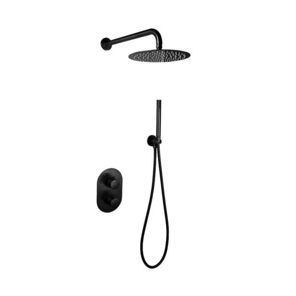 Doucheset inbouw met box thermostaat, muurbevestiging / douchekop 25 cm rond Mat Zwart - Doucheset inbouw Mat Zwart | Lapy